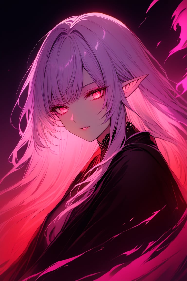 medium shot of an ethereal elf's face, illuminated by soft, purple red light. Dark, swirling magic coursing through her veins like a midnight river, contrasting her fiery locks which seem to embody both the radiant warmth of the moon and the blooded glow of the moon. Her features are aglow with an otherworldly intensity.