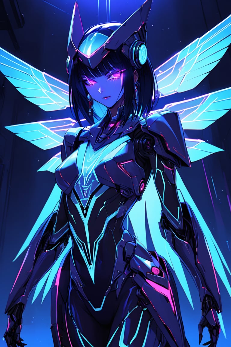 a alien seductress woman, with some mechanical armor in her body, she have some nazca lines in all her body  all,glowing in a neon random color light, she have a tecnological wings in her back