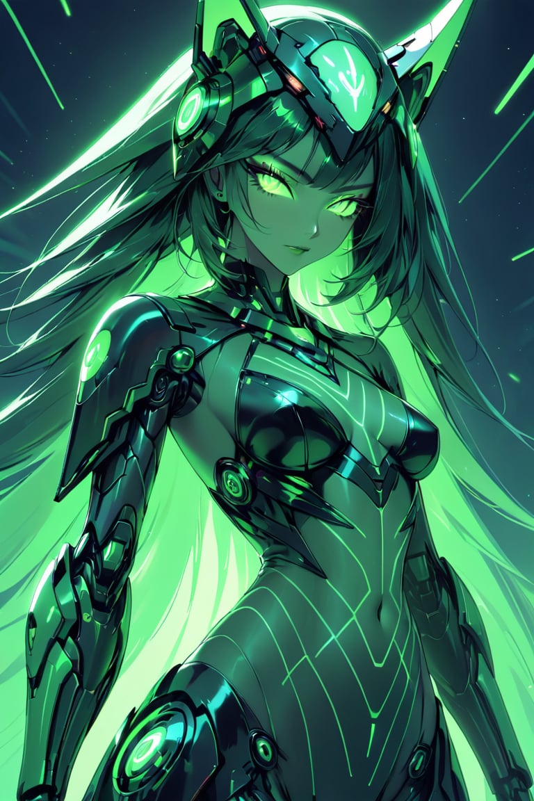 a alien seductress woman, with some mechanical armor in her body, she have some nazca lines in all her body that resemble animals all,glowing in a neon green light