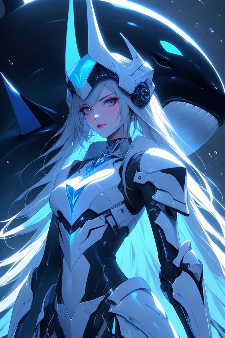 a medium shot of a seductres woman, with a white and blue tecnolocial armor, with neon colors,  her head gear resembles a killer whale.