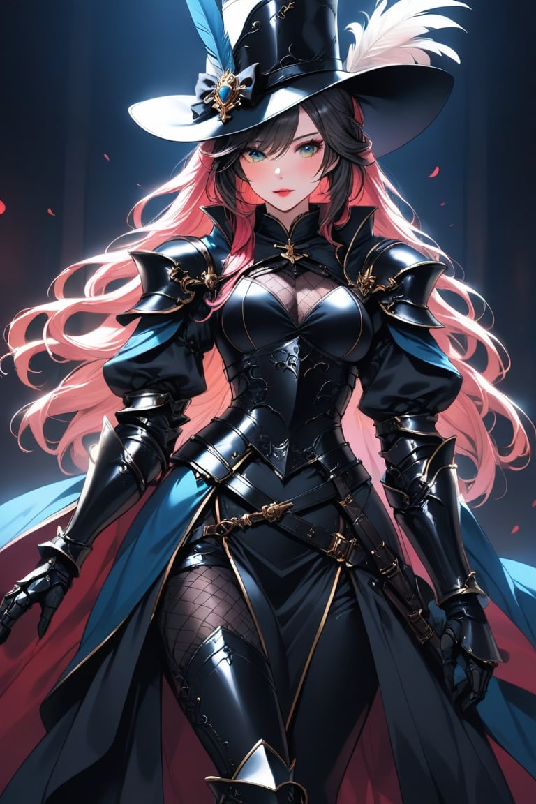 a medium shot, of a seductress girl, dressed as a musketeer, having a small hat with a feather, her armor color is black and the deails in her dress are random colors, her hair is randomly selected.