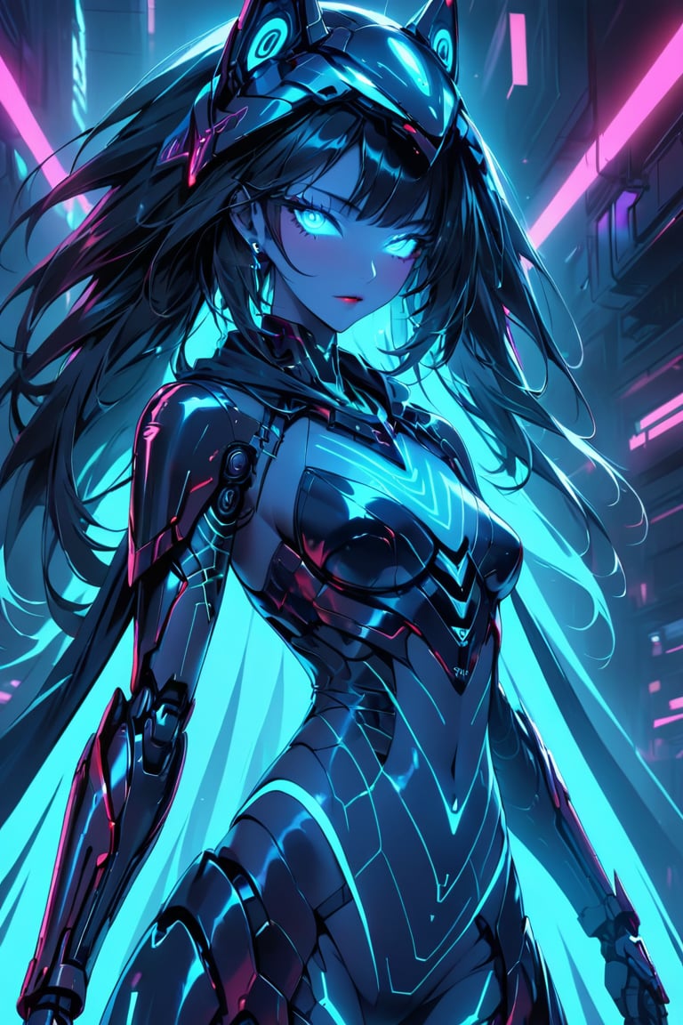 a alien seductress woman, with some mechanical armor in her body, she have some nazca lines in all her body that resemble animals all,glowing in random color neon  light