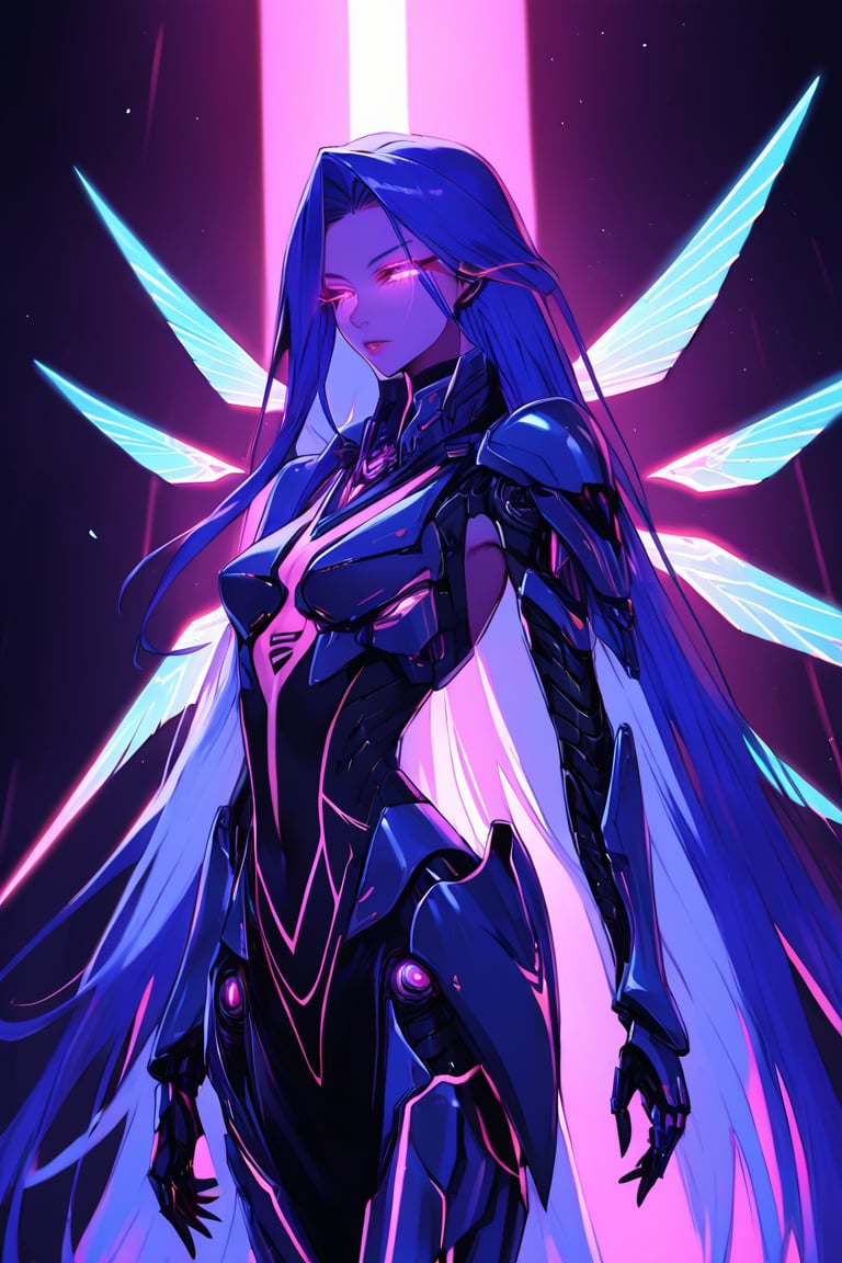 a alien seductress woman, with some mechanical aerodinamic armor in her body, she have some nazca lines in all her body  all,glowing in a neon random color light, she have a tecnological wings in her back and long hair