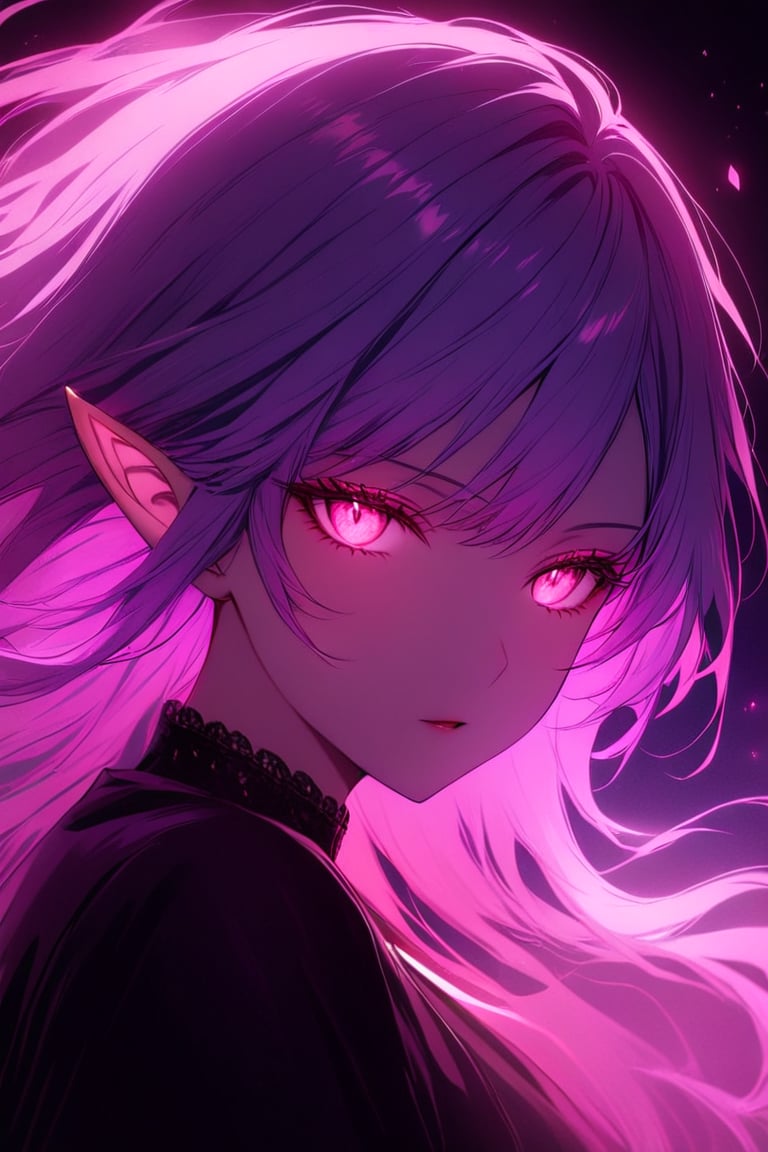 medium shot of an ethereal elf's face, illuminated by soft, purple red light. Dark, swirling magic coursing through her veins like a midnight river, contrasting her fiery locks which seem to embody both the radiant warmth of the moon and the blooded glow of the moon. Her features are aglow with an otherworldly intensity.