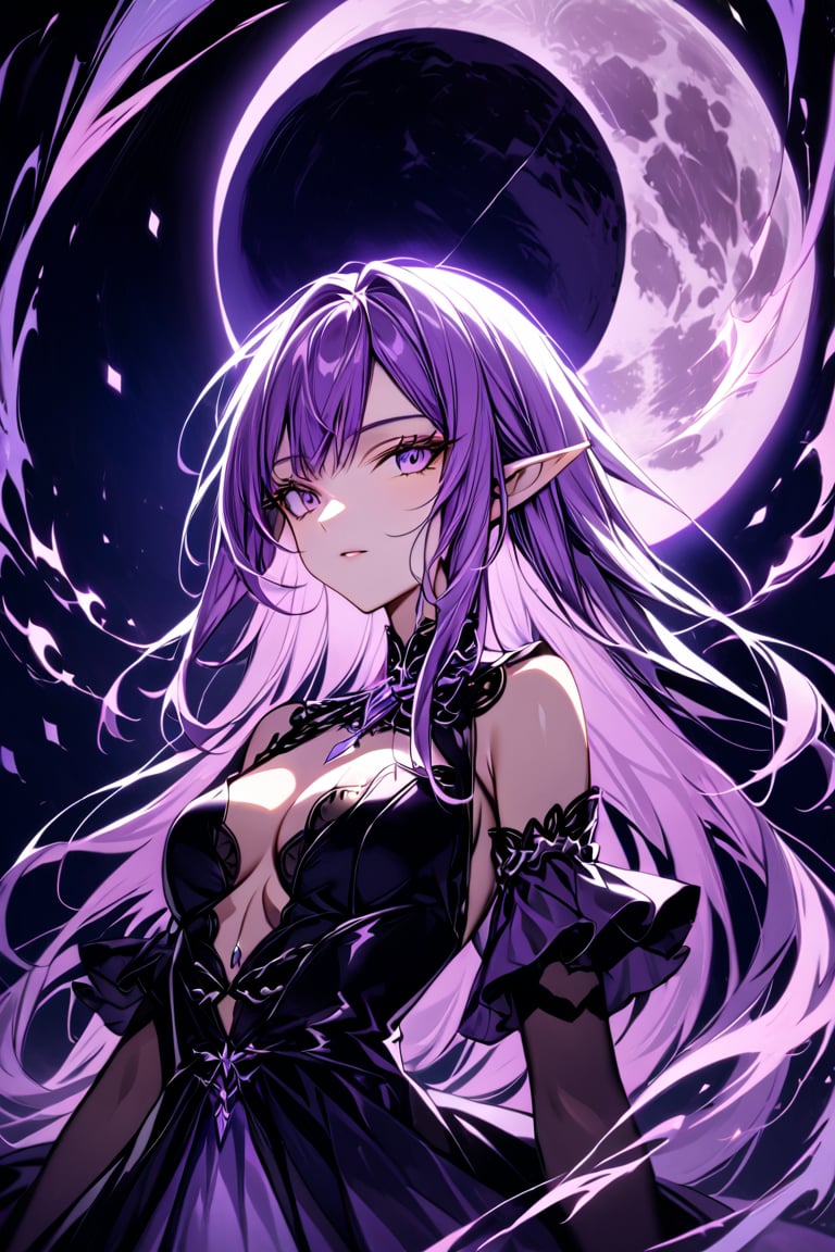 medium shot of an ethereal elf's face, illuminated by soft, purple lunar light. Dark, swirling magic coursing through her veins like a midnight river, contrasting her fiery locks which seem to embody both the radiant warmth of the moon and the purple glow of the moon. Her features are aglow with an otherworldly intensity.