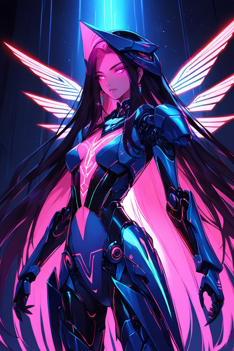 a alien seductress woman, with some mechanical armor in her body, she have some nazca lines in all her body  all,glowing in a neon random color light, she have a tecnological wings in her back and long hair