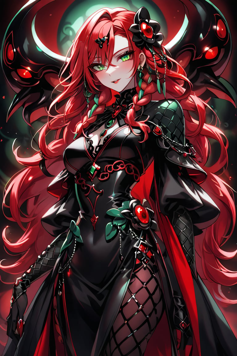 a octupus seductress woman, with a black dress with red details, red hair with green braids, and cian eyes