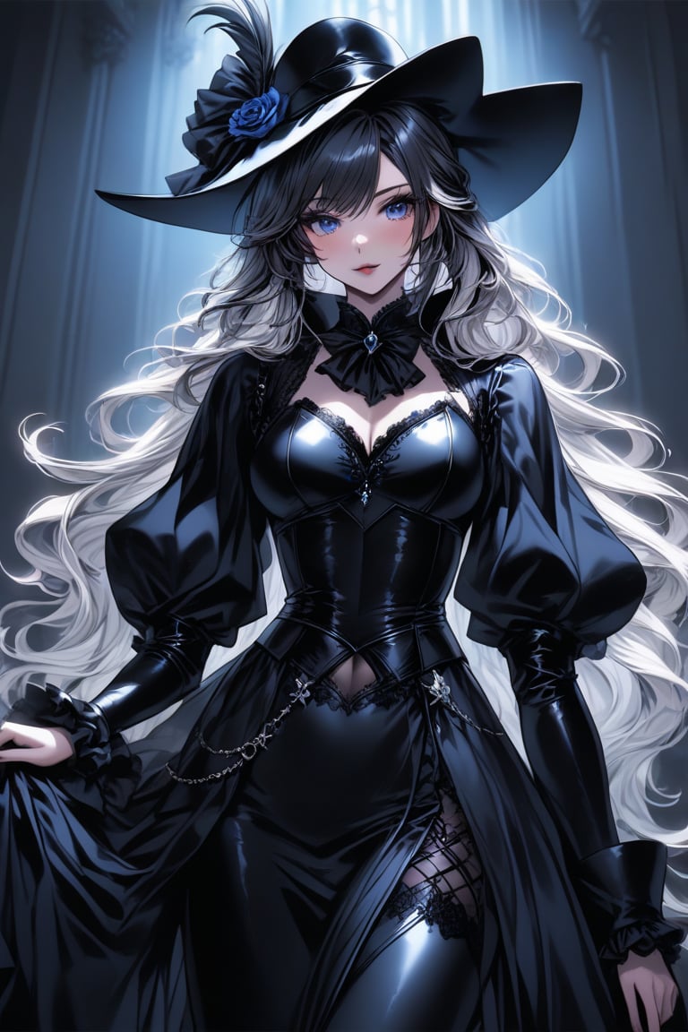 a medium shot, of a seductress girl, dressed as a musketeer, including a small hat, her dress color is black and the deails in her dress are random colors, her hair is randomly selected.