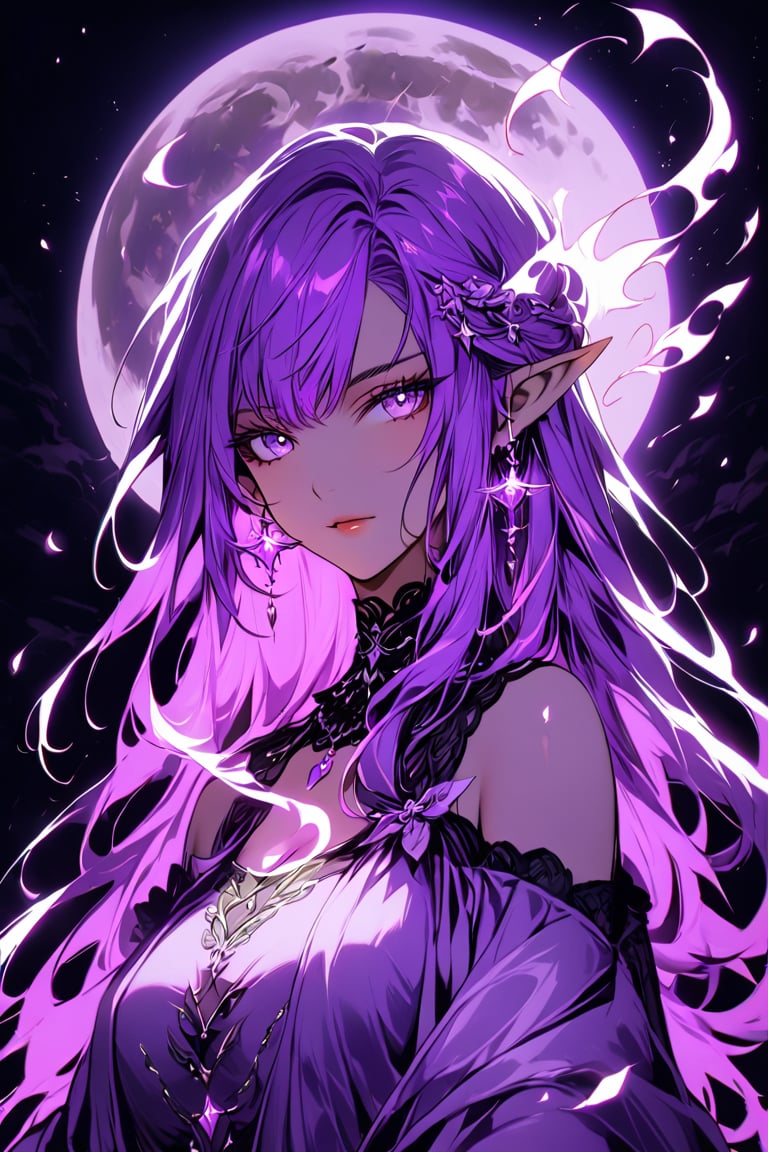 medium shot of an ethereal elf's face, illuminated by soft, purple lunar light. Dark, swirling magic coursing through her veins like a midnight river, contrasting her fiery locks which seem to embody both the radiant warmth of the moon and the purple glow of the moon. Her features are aglow with an otherworldly intensity.