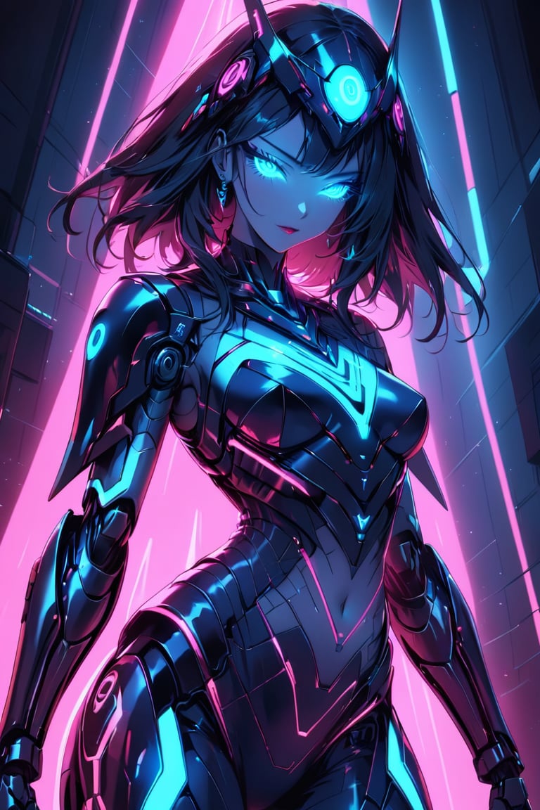 a alien seductress woman, with some mechanical armor in her body, she have some nazca lines in all her body, glowing in random color neon  light