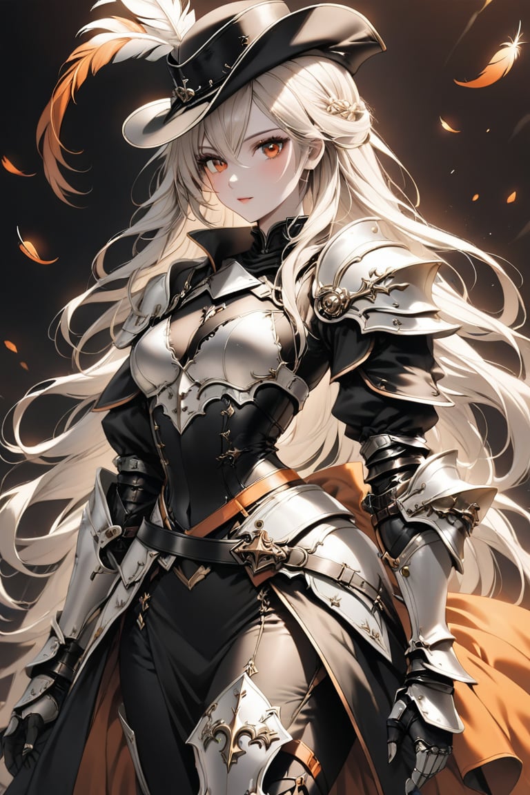 a medium shot, of a seductress girl, dressed as a musketeer, having a small hat with a feather, her armor color is black and the deails in her armor are orange, she have long hair and the color is is black and white .