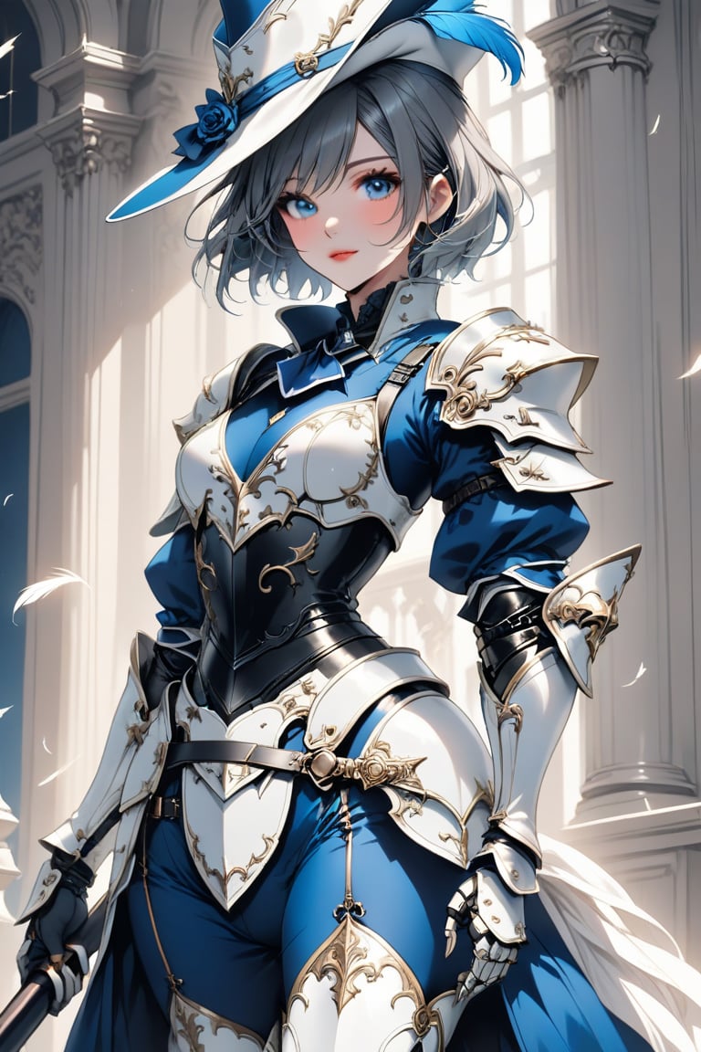 a medium shot, of a seductress girl, dressed as a musketeer, having a small hat with a feather, her armor color is white and the deails in her armor are blue, she have short hair and the color is is blue and grey.