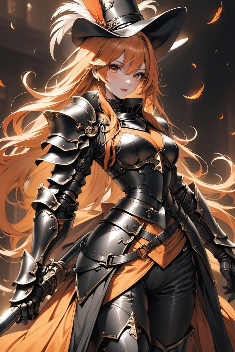 a medium shot, of a seductress girl, dressed as a musketeer, having a small hat with a feather, her armor color is black and the deails in her armor are orange, she have long hair and the color is is black and withe .