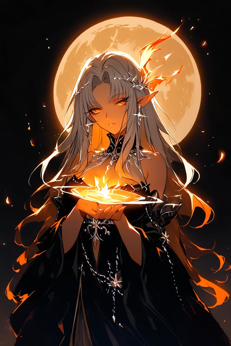 medium shot of an ethereal elf's face, illuminated by soft, lunar light. Dark, swirling magic coursing through her veins like a midnight river, contrasting her fiery locks which seem to embody both the radiant warmth of the sun and the silvery glow of the moon. Her features are aglow with an otherworldly intensity.