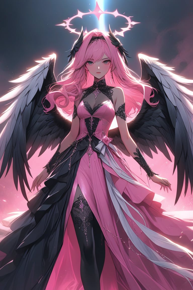 a medium shot of a seductres angel, with blue and black wings and a dual color halo, dressed in pink dress