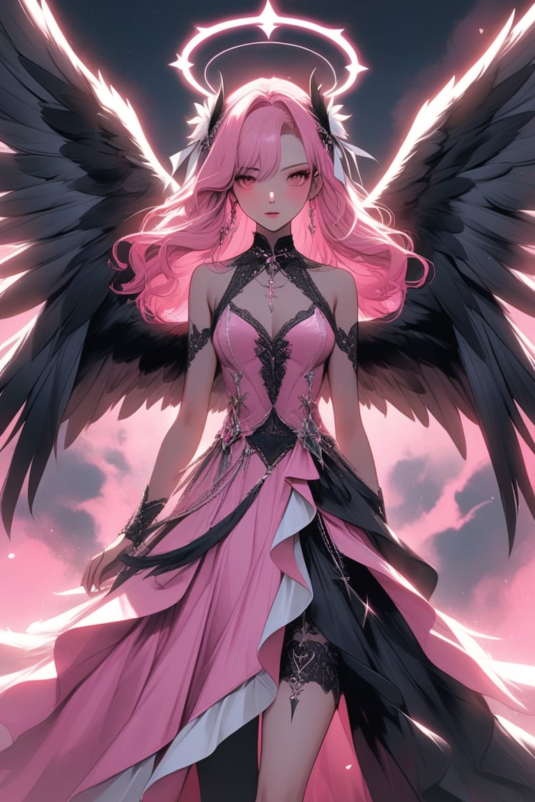 a medium shot of a seductres angel, with blue and black wings and a dual color halo, dressed in pink dress