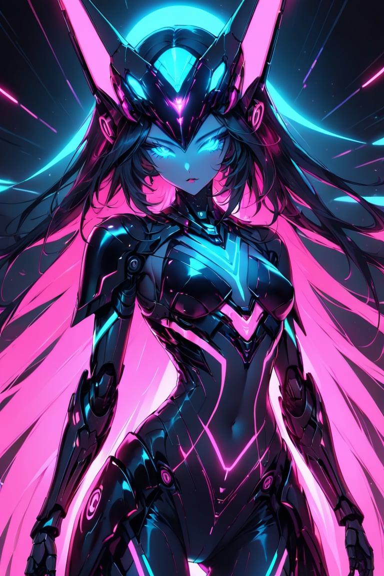 a alien seductress woman, with some mechanical armor in her body, she have some nazca lines in all her body that resemble animals all,glowing in random color neon  light