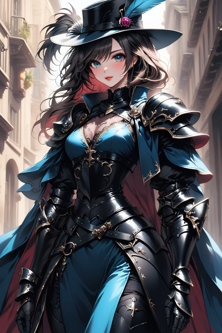 a medium shot, of a seductress girl, dressed as a musketeer, having a small hat with a feather, her armor color is black and the deails in her dress are random colors, her hair is short and the color is random.