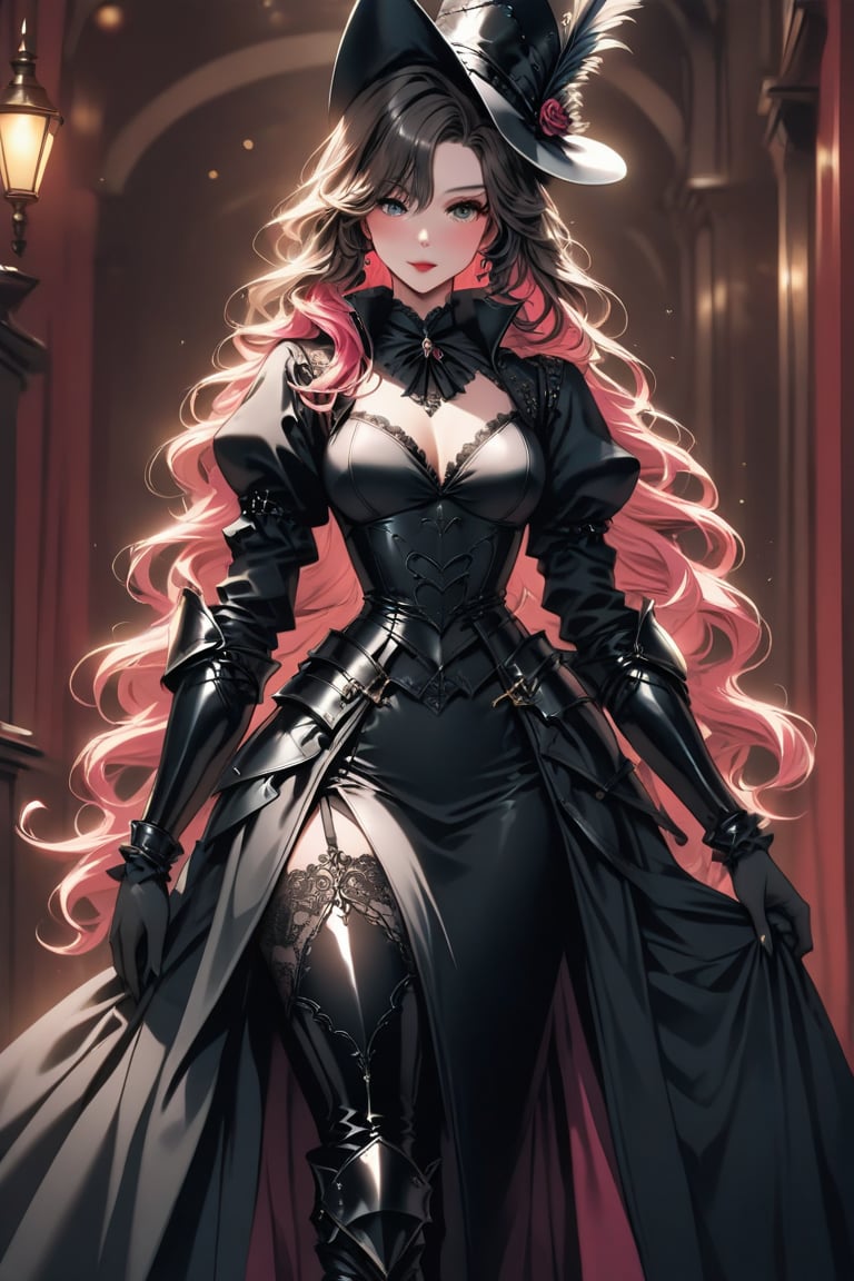 a medium shot, of a seductress girl, dressed as a musketeer, her dress color is black and the deails in her dress are random colors, her hair is randomly selected.