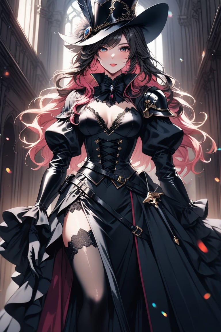 a medium shot, of a seductress girl, dressed as a musketeer, having a small hat with a feather, her dress color is black and the deails in her dress are random colors, her hair is randomly selected.