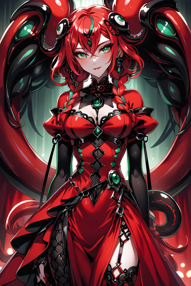 a octupus seductress woman, with a black and red dress, red hair with green braids, and cian eyes