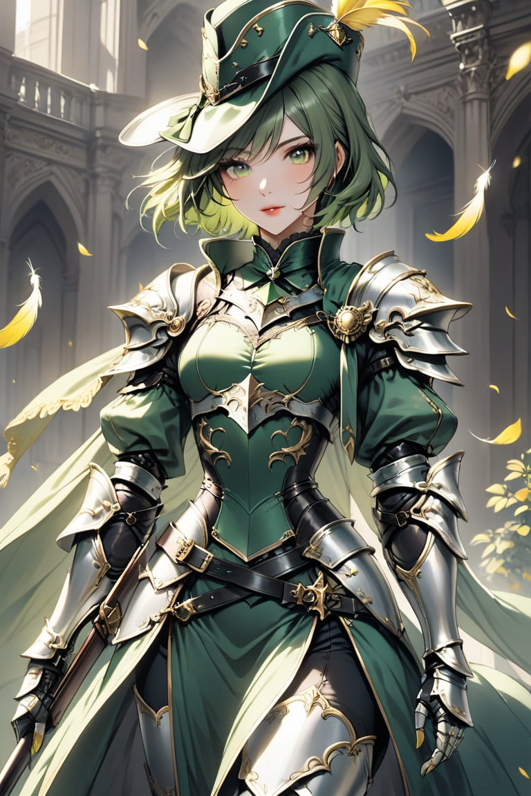 a medium shot, of a seductress girl, dressed as a musketeer, having a small hat with a feather, her armor color is grey and the deails in her armor are green , she have short hair and the color is is yellow and green.