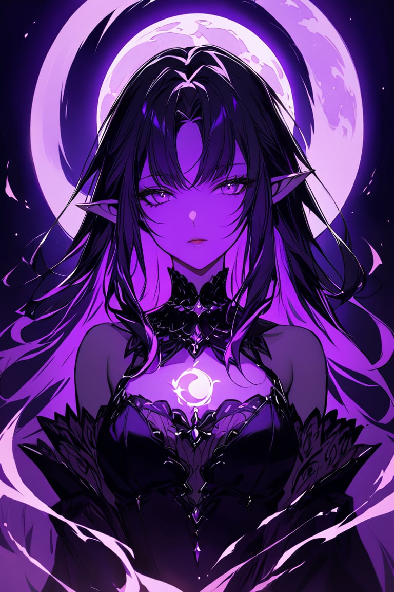 medium shot of an ethereal elf's face, illuminated by soft, purple lunar light. Dark, swirling magic coursing through her veins like a midnight river, contrasting her fiery locks which seem to embody both the radiant warmth of the moon and the purple glow of the moon. Her features are aglow with an otherworldly intensity.