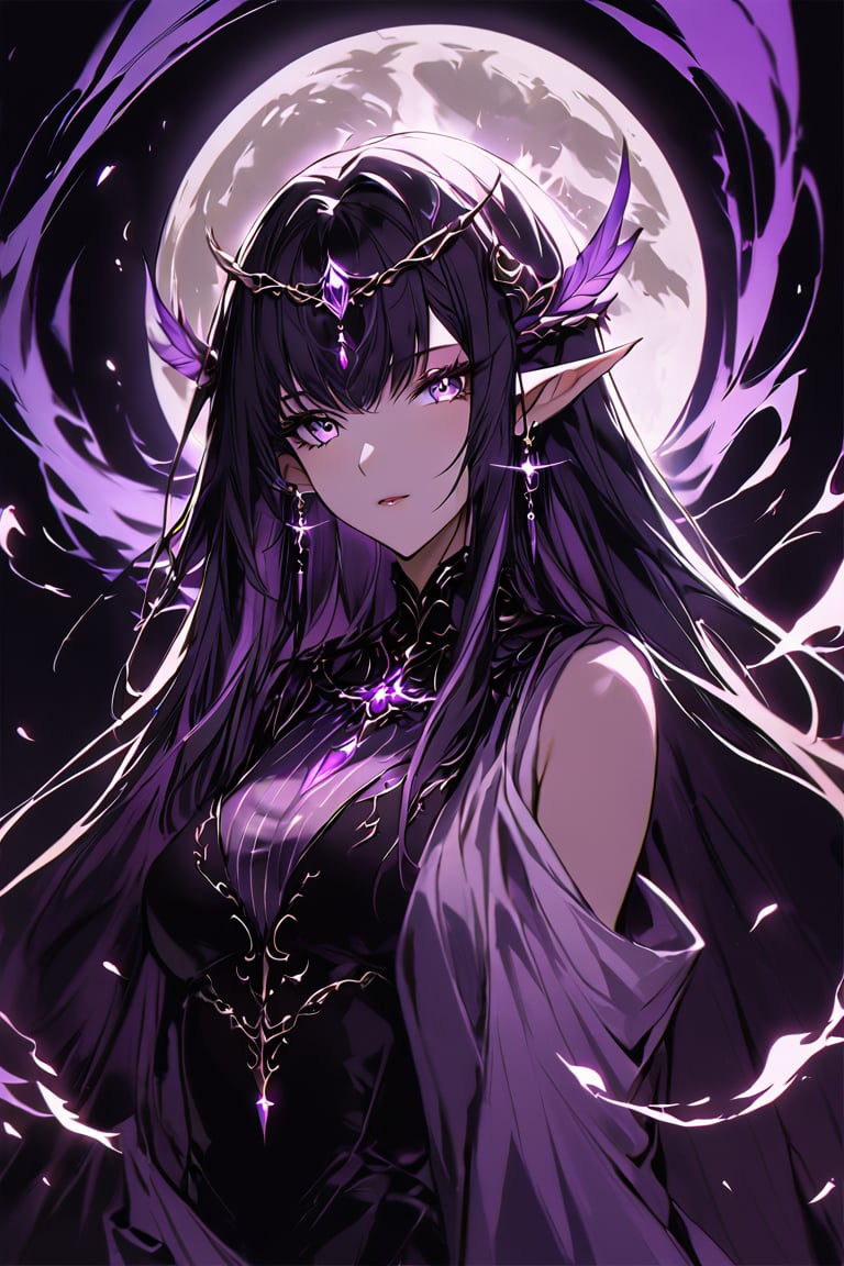 medium shot of an ethereal elf's face, illuminated by soft, purple lunar light. Dark, swirling magic coursing through her veins like a midnight river, contrasting her fiery locks which seem to embody both the radiant warmth of the moon and the purple glow of the moon. Her features are aglow with an otherworldly intensity.