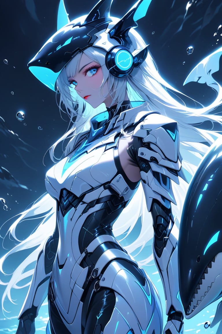 a medium shot of a seductres woman, with a white and blue tecnolocial armor, with neon colors,  her head gear resembles a killer whale.