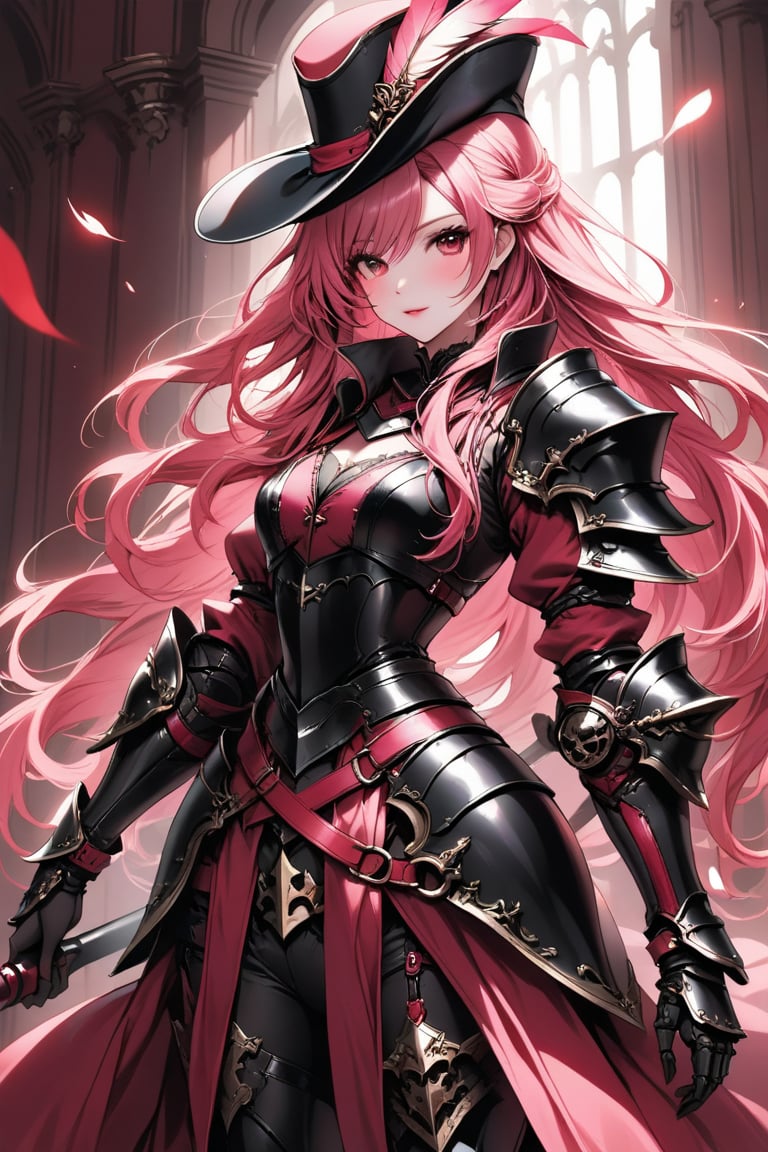 a medium shot, of a seductress girl, dressed as a musketeer, having a small hat with a feather, her armor color is black and the deails in her armor are red , she have long hair and the color is is pink and red .