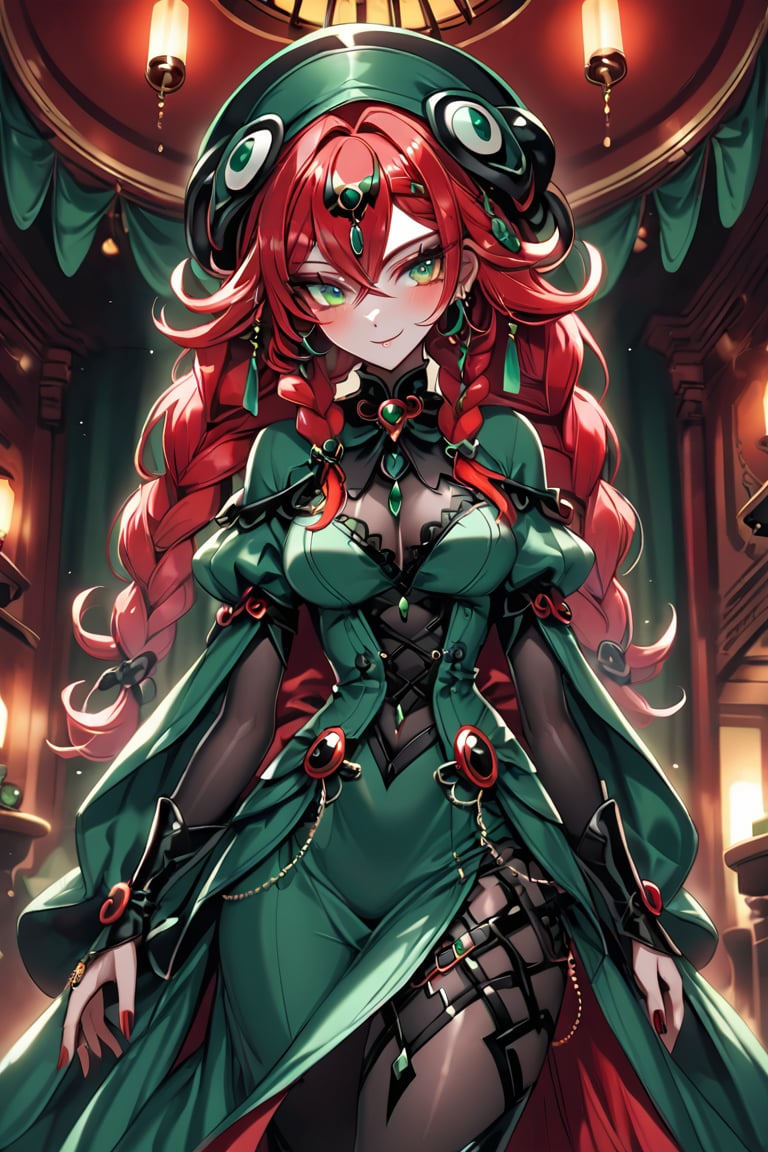 a octupus seductress woman, with a green dress, red hair with green braids, and cian eyes