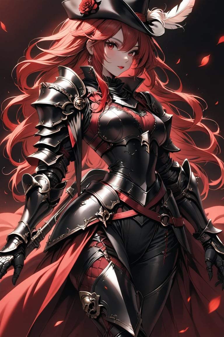 a medium shot, of a seductress girl, dressed as a musketeer, having a small hat with a feather, her armor color is black and the deails in her armor are red, her hair is short and the color is is red and black.