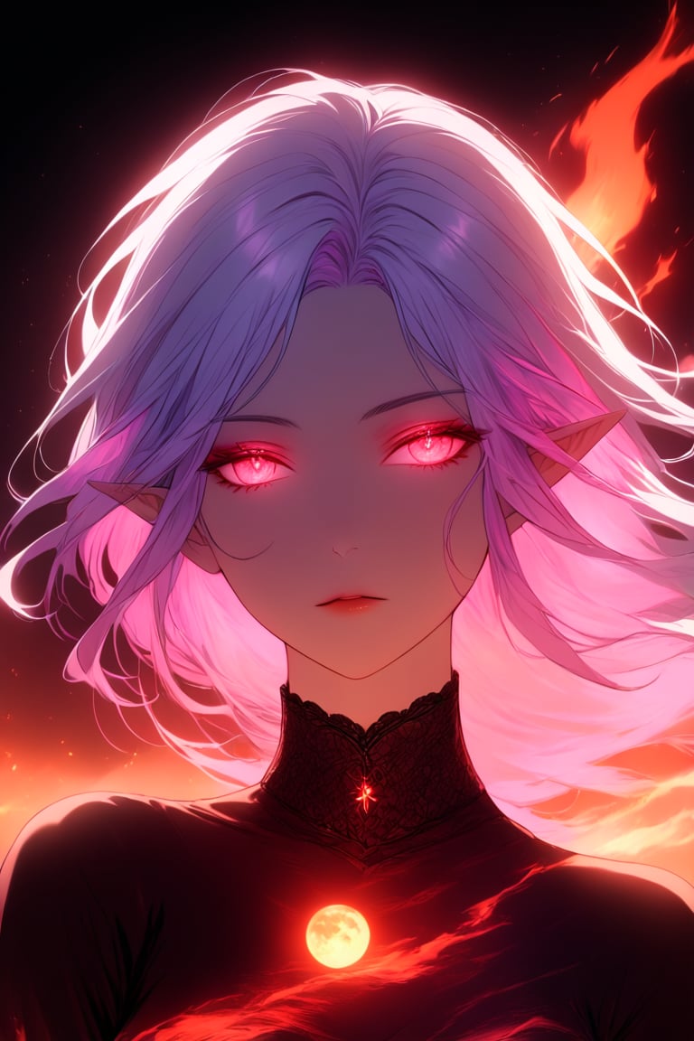 medium shot of an ethereal elf's face, illuminated by soft, purple red light. Dark, swirling magic coursing through her veins like a midnight river, contrasting her fiery locks which seem to embody both the radiant warmth of the moon and the blooded glow of the moon. Her features are aglow with an otherworldly intensity.