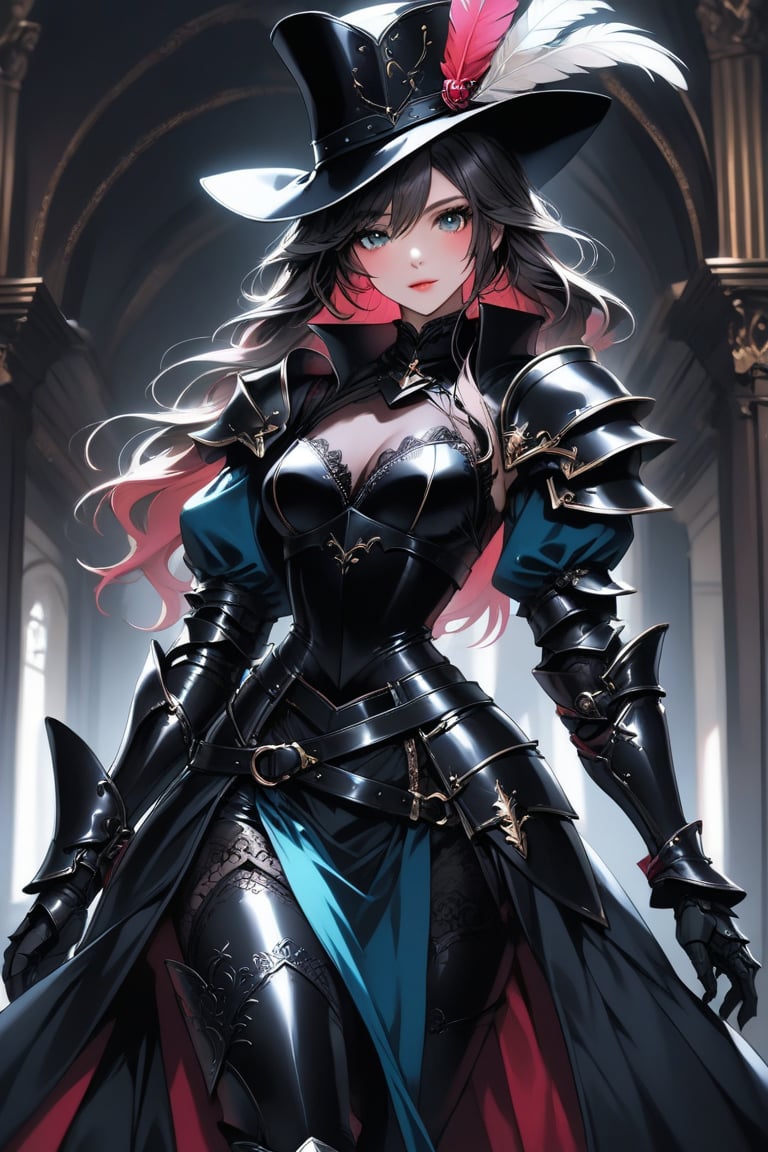 a medium shot, of a seductress girl, dressed as a musketeer, having a small hat with a feather, her armor color is black and the deails in her dress are random colors, her hair is randomly selected.