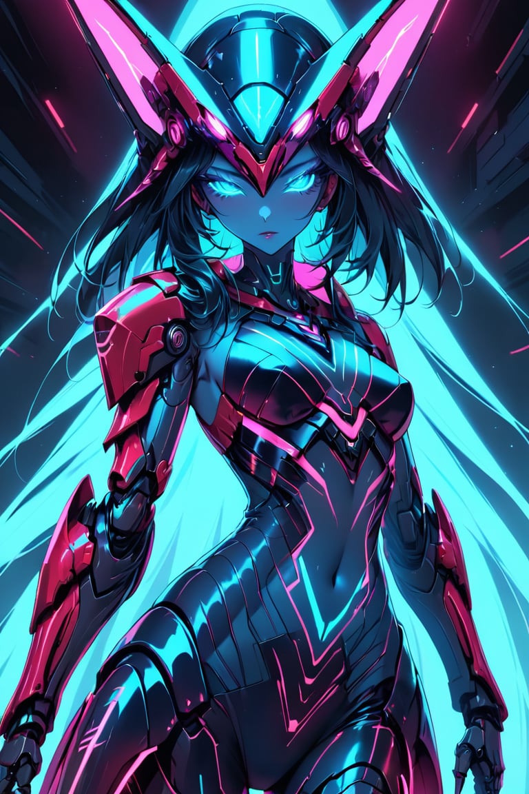 a alien seductress woman, with some mechanical armor in her body, she have some nazca lines in all her body that resemble animals all,glowing in random color neon  light