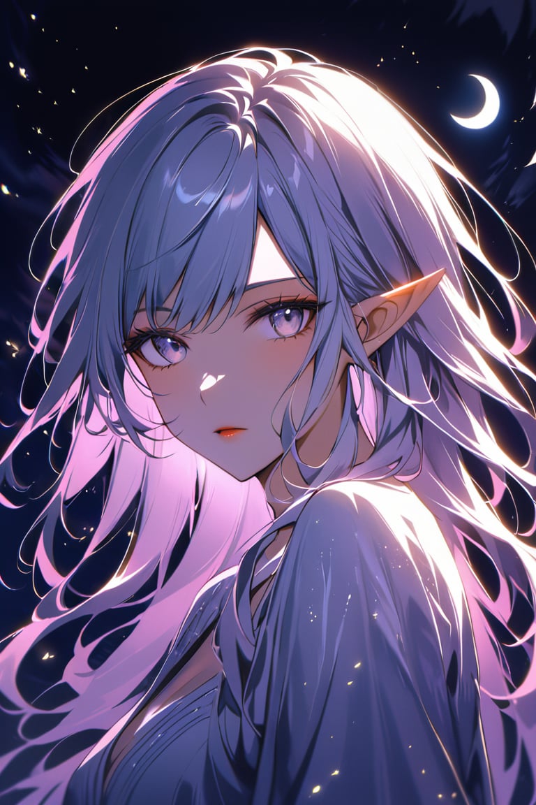 medium shot of an ethereal elf's face, illuminated by soft, lunar light. Dark, swirling magic coursing through her veins like a midnight river, contrasting her fiery locks which seem to embody both the radiant warmth of the sun and the silvery glow of the moon. Her features are aglow with an otherworldly intensity.