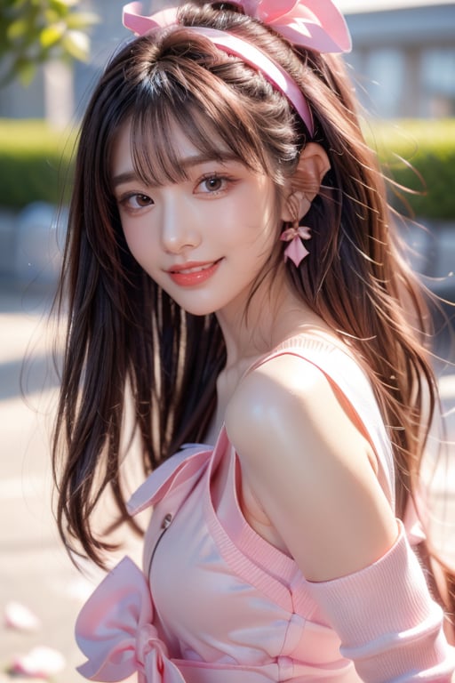 1girl, solo, long hair, looking at the viewer, smile, bangs, brown hair, ponytail, realistic, shoulders-long messy elegant hair. (masterpiece, best quality, CGI, official art:1.2),   shirt, long sleeves, jewelry, white shirt, upper body, flower, teeth, grin, blurry, from side, lips, see-through, depth of field, blurry background, rose, pink flower, realistic, pink rose  masterpiece, best quality, photorealistic, raw photo,  earrings, black eyes, lips, bow headband, lips, ribbon, realistic, parted lips, lips, ribbon, realistic, blurry background,Bomi