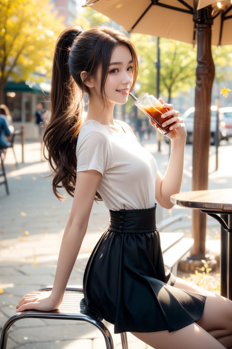 fall,autumn,background is urban garden,cafes elbowing one another beneath the canopy of trees and sunshades,flower shop,iron roundtable and chairs,16 yo,beautiful girl,high school student,very_long_hair,hair_past_waist,long ponytail,curly hair,dark brown hair,tall,slim waist,wearing high school uniform,she is sitting on chair and drinking iced cola,smile,Best Quality, 32k, photorealistic, ultra-detailed, finely detailed, high resolution, perfect dynamic composition, beautiful detailed eyes, sharp-focus, cowboy shot,side shot,