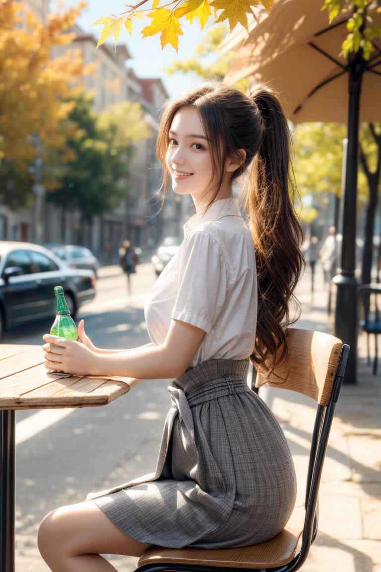 fall,autumn,background is urban garden,cafes elbowing one another beneath the canopy of trees and sunshades,flower shop,iron roundtable and chairs,16 yo,beautiful girl,high school student,very_long_hair,hair_past_waist,long ponytail,curly hair,dark brown hair,tall,slim waist,wearing high school uniform,she is sitting on chair and drinking iced cola,smile,Best Quality, 32k, photorealistic, ultra-detailed, finely detailed, high resolution, perfect dynamic composition, beautiful detailed eyes, sharp-focus, cowboy shot,side shot,