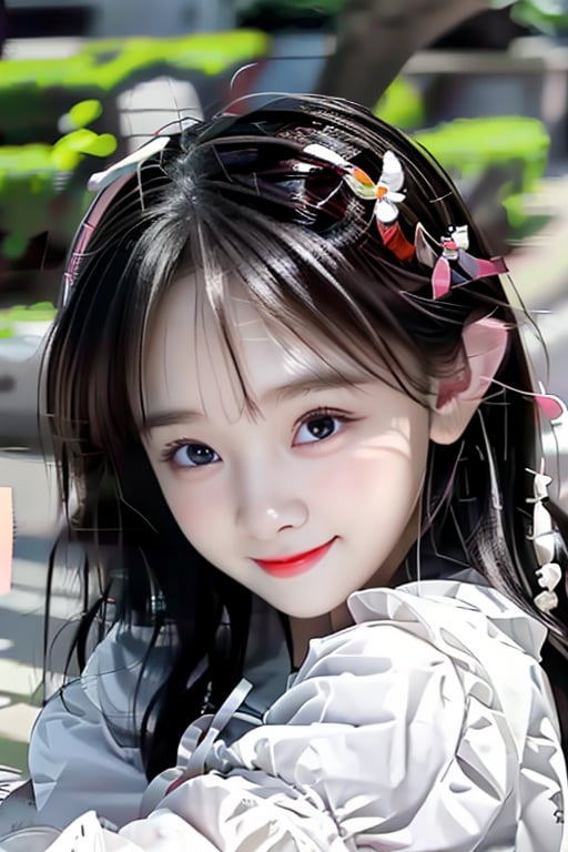 Very beautiful cute girl,
(very cute face:1.1),
(large eyes:1.1),
(clear-eyed:1.1),
small straight nose,
small mouth,
round face,
(v-line jaw:1),
Beautiful detailed eyes, 
Detailed double eyelids, 
((big smile))
,masterpiece, best quality