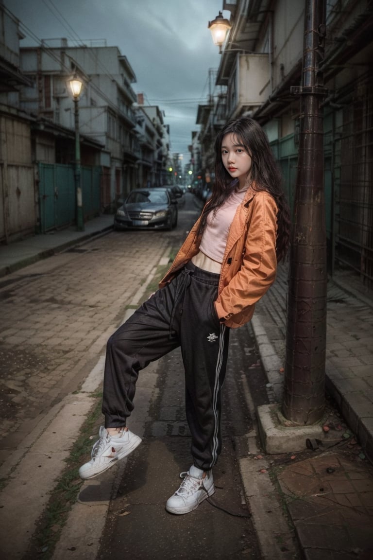 {{best quality}}, {{masterpiece}}, {{ultra-detailed}}, {illustration}, {detailed light}, {an extremely delicate and beautiful}, a girl,HoneyNwayOo,The image shows a young woman standing on a city street at night. She is wearing a pink shirt and an orange jacket, along with black sweatpants and sneakers. She has long, dark hair and appears to be posing against a lamppost, with the city lights visible in the background. The overall scene has a moody, atmospheric quality, with the lighting and shadows creating an interesting visual effect.