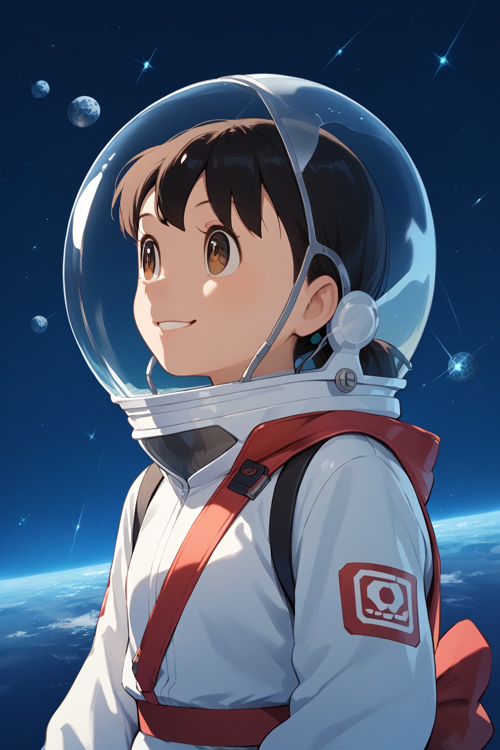 1girl,score_9, score_8_up, score_7_up, score_6_up,score_5_up, score_4_up, source_anime, anime coloring, minamoto shizuka, 1girl, solo, smile, Girl in a spacesuit stepping onto the surface of Mars, Earth visible in the distance, vast red landscape, futuristic colony in the background, sense of wonder and exploration, epic sci-fi scene, hyper-realistic detail