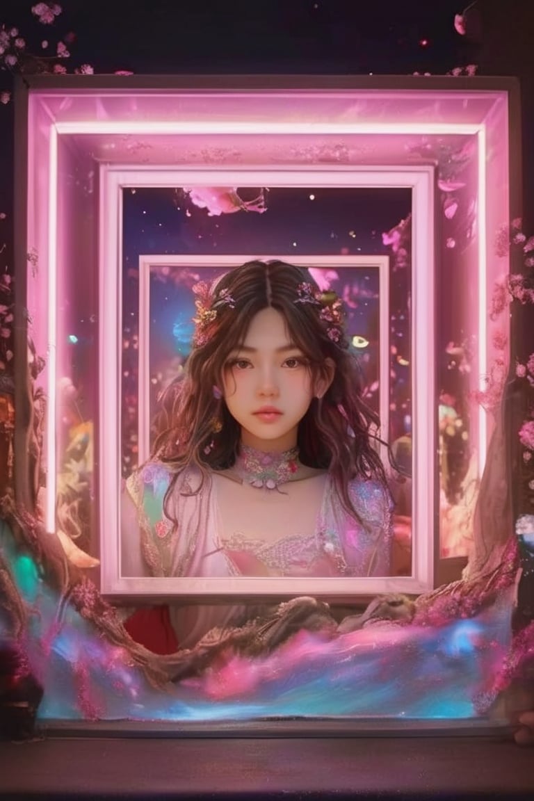 A neon light art, a special glowing frame in the middle of the picture, inside the frame is an Asian girl with long hair, a bunch of pink lights and stars around the frame, clouds, colorful, 4k, extremely detailed