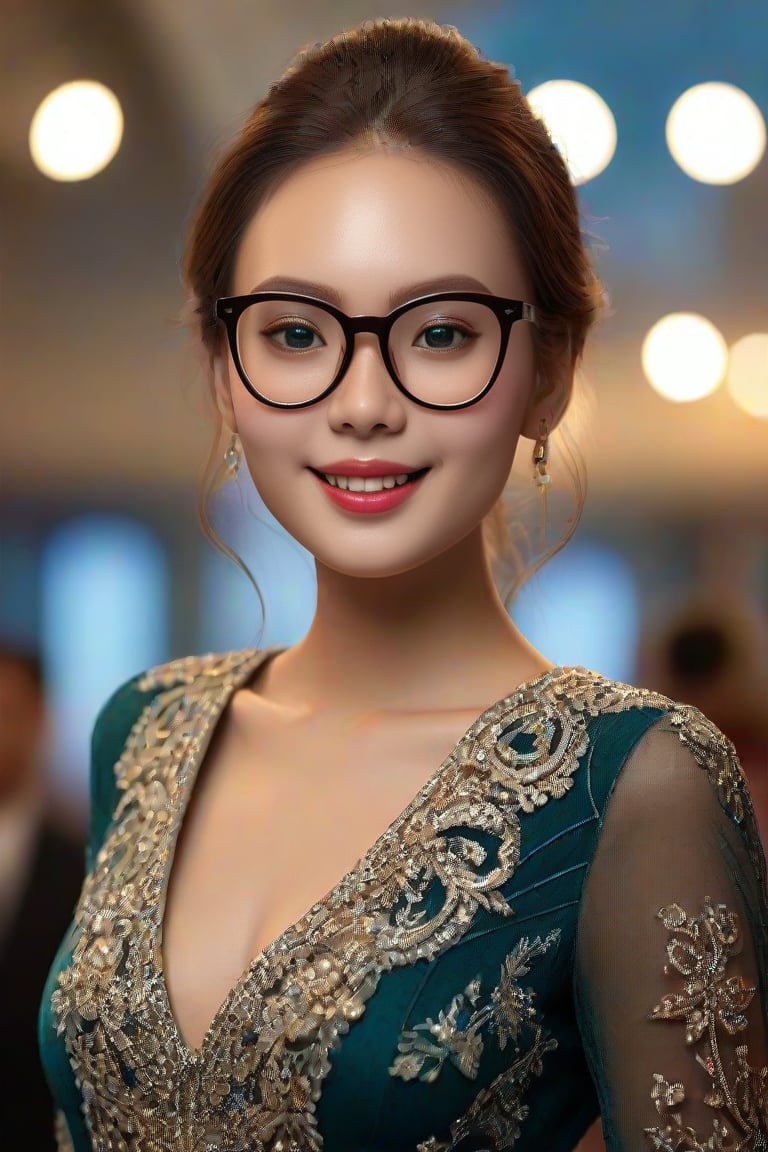 A stunning model stands confidently on a catwalk, dressed in a striking outfit, her eyes shining brightly behind a pair of elegant eyeglasses. She poses proudly, beaming with joy as she surveys the audience, her smile radiating warmth and charm.,more detail XL