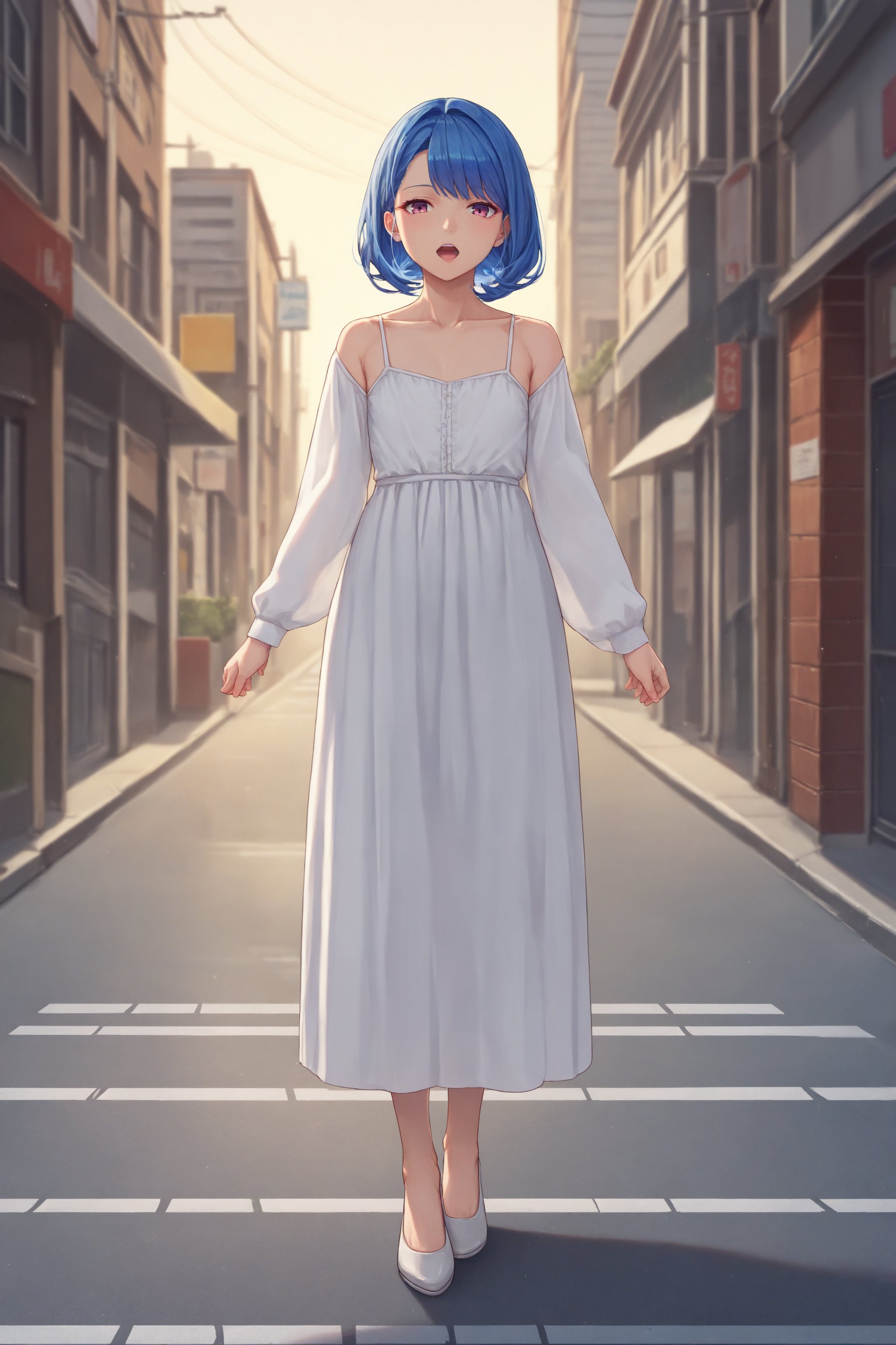 score_9, score_8_up, score_7_up, source_anime, masterpiece, best quality, amazing quality, very aesthetic, absurdres, depth of field, 1girl, blue hair, mature female, flat chest, collarbone, full body, looking at viewer, standing up, open mouth, solo, white blouse, city, street, sunset