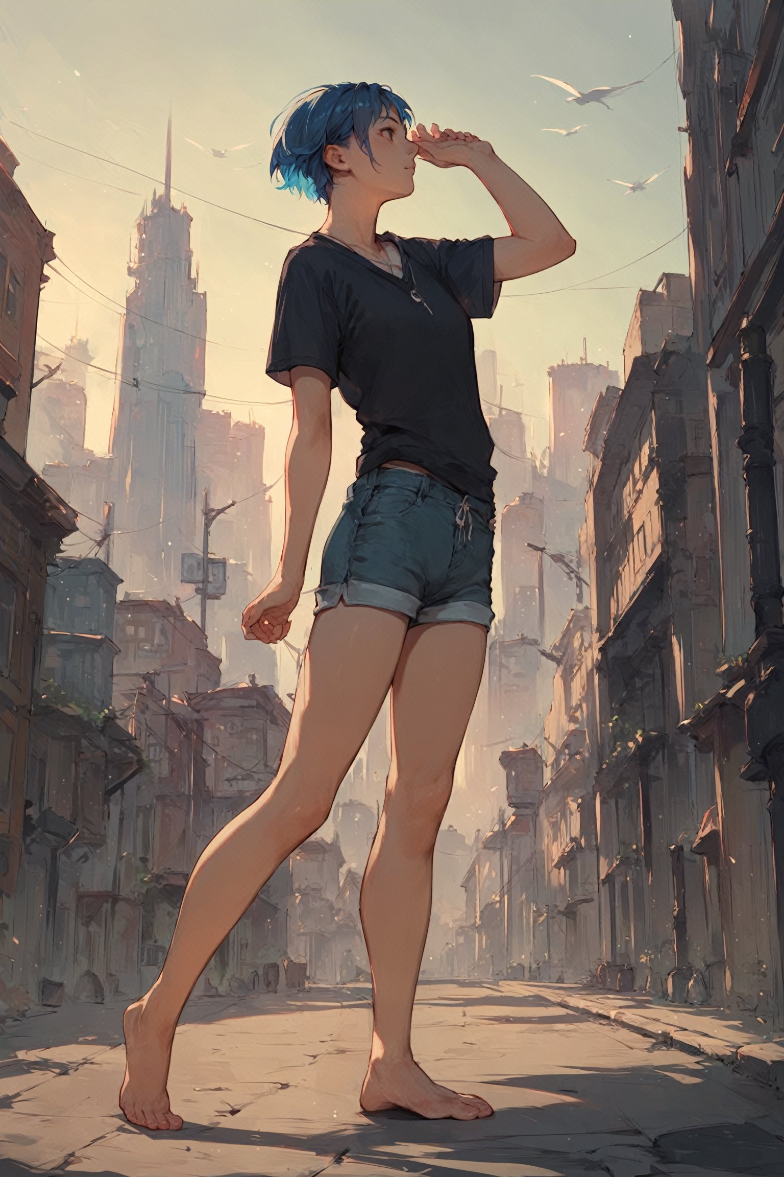 score_9_up, score_8_up, score_7_up, score_6_up, source_anime, high quality, 1girl, blue hair, short hair, shirt, short sleeve, shorts, barefeet, standing, dynamic pose, city, colorful details, ultra details, detailed background,score_tag