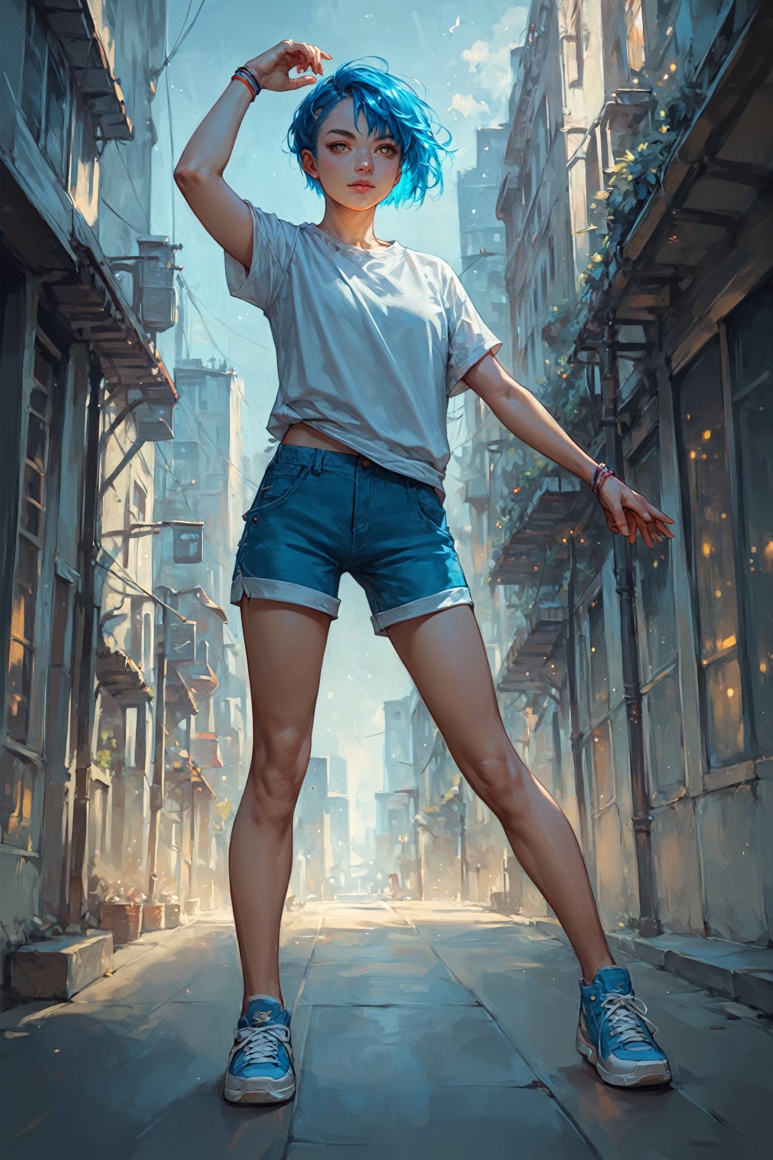 score_9_up, score_8_up, score_7_up, score_6_up, source_anime, 2D, flat colors, 1girl, blue hair, short hair, bobcut, shirt, short sleeve, shorts, sneakers, standing, dynamic pose, city, fisheye lens, colorful details, ultra details, detailed background, c0l0urgl0w