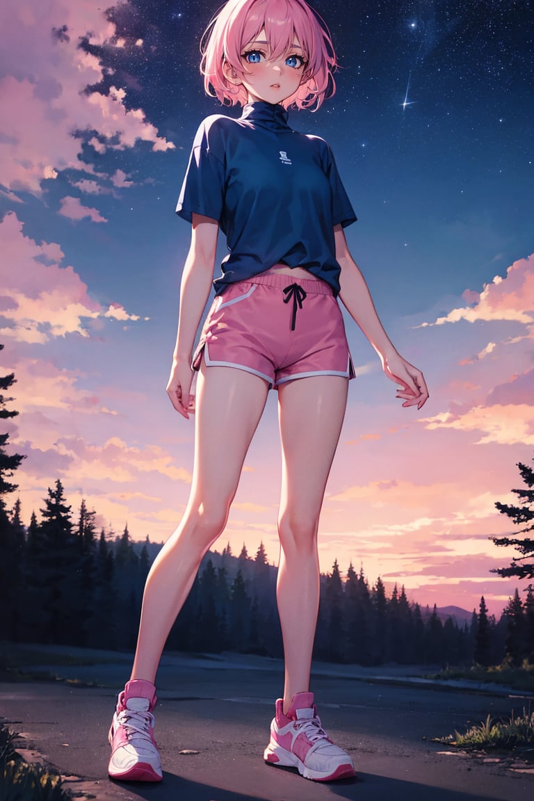 masterpiece, best quality, 1girl, pale, pink hair, short hair, hair between eyes, blue shirt, turtleneck, short sleeve, pink shorts, sneakers, standing, outside, pink sky, starry sky, pastel colors