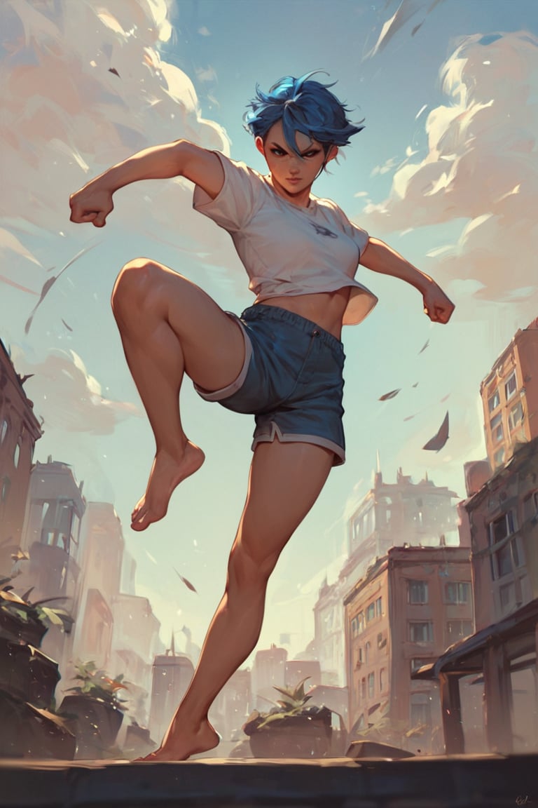 score_9_up, score_8_up, score_7_up, score_6_up, high quality, 1girl, blue hair, short hair, shirt, short sleeve, shorts, barefeet, fighting pose, dynamic pose, city, in the sky