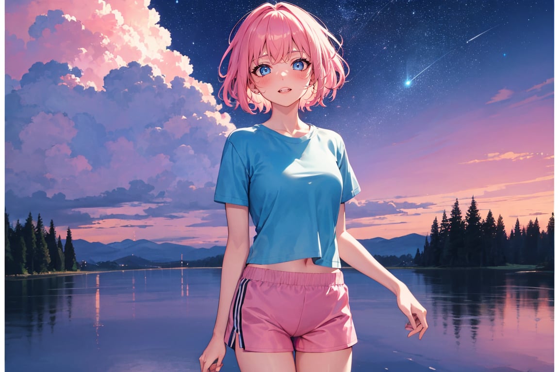 masterpiece, best quality, 1girl, pink hair, short hair, hair between eyes, blue shirt, short sleeve, pink shorts, sneakers, standing, outside, pink sky, starry sky, pastel colors